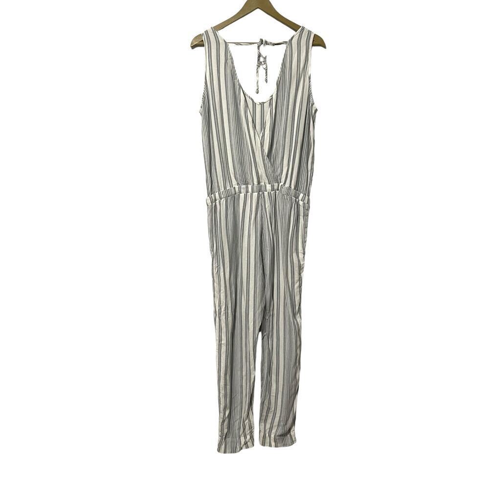 Cloth & Stone Gray White Linen Stripe Drawstring Waistband Jumpsuit Size Medium